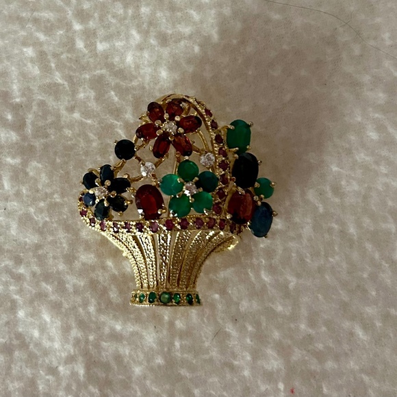 Source Unknown Jewelry - Ladies Brooch, Basket filled with assorted gems, Estate circa 1949